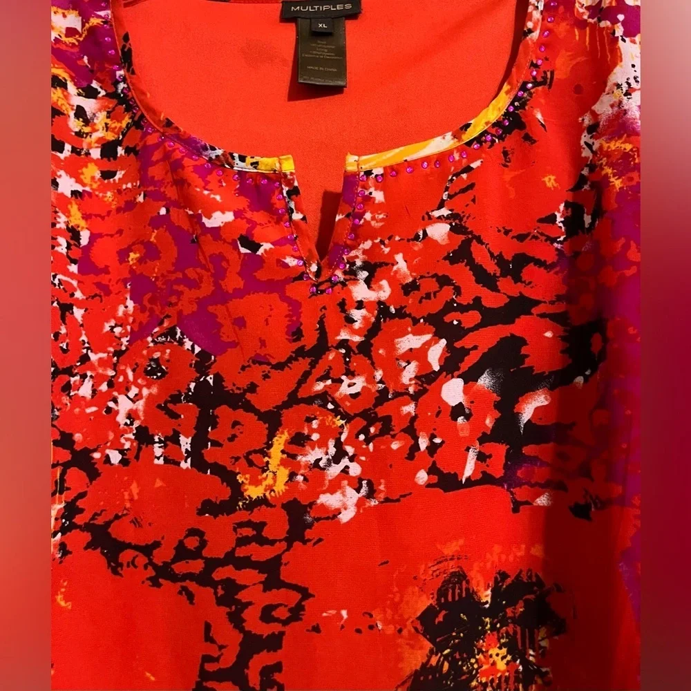 Multiples Women’s XL Modern Art To Wear Tunic Top Blouse Multi Color Flowery - Picture 2 of 6
